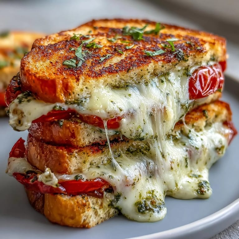 Juicy tomatoes and basil pesto mingle in this grilled Caprese sandwich.