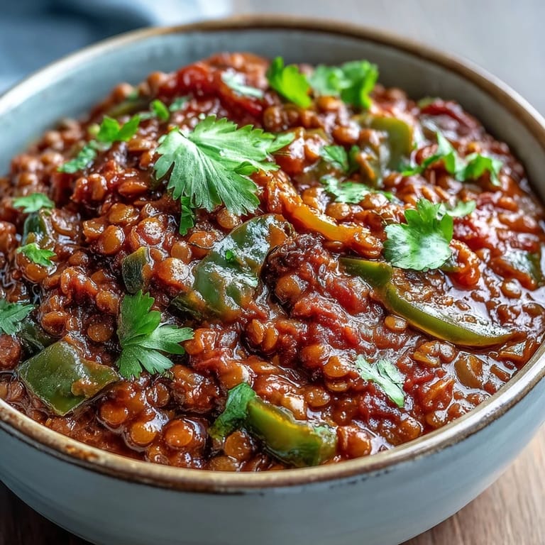 Savory Cuban-inspired lentil picadillo with cumin and paprika, ready to serve with plantains.
