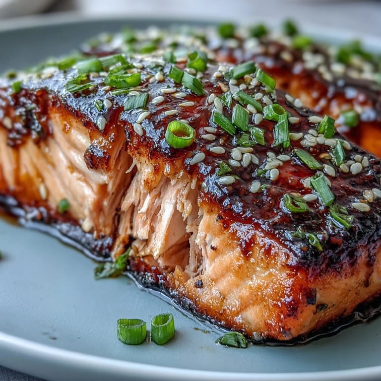 Close-up of Maple Soy Glazed Salmon with a glossy glaze, paired with broccoli, snap peas, and red bell peppers.