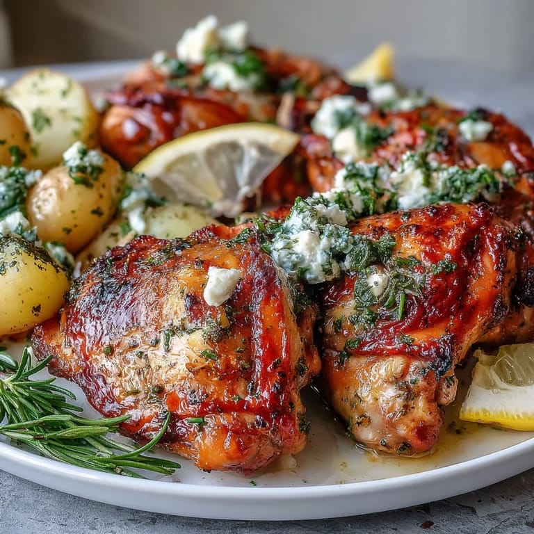 A close-up of Mediterranean roasted chicken with lemon herbs, creamy feta, and golden potatoes, ready for a comforting family dinner.