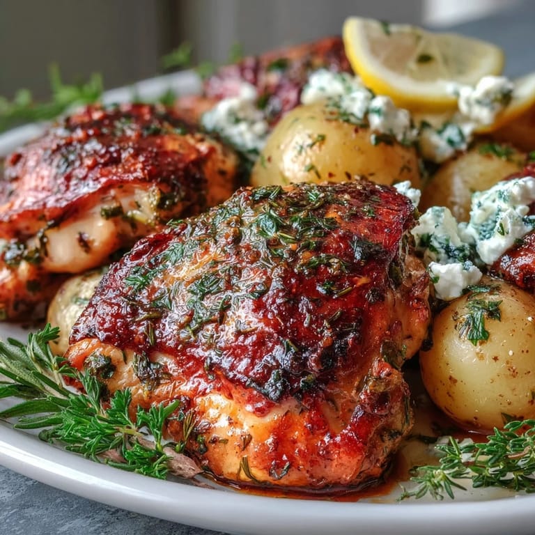 A beautifully browned whole roasted chicken alongside tender pot potatoes, finished with fresh parsley and a bright squeeze of lemon.