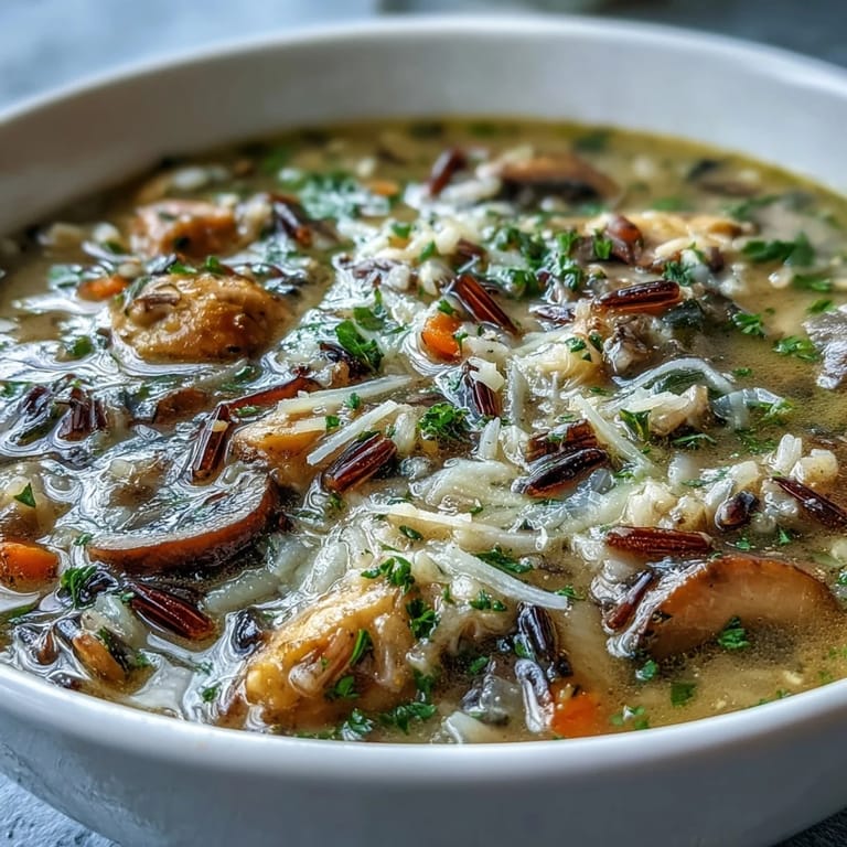 A comforting bowl of Parmesan Mushroom Chicken and Wild Rice Soup with tender chicken, earthy mushrooms, and rich broth.
