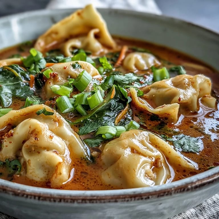 Close-up of Red Curry Wonton Soup with bok choy and shredded carrots, garnished with scallions and a lime wedge for serving.