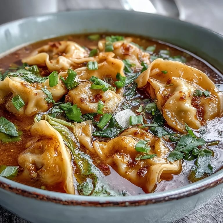 Delicious Red Curry Wonton Soup with hearty greens, tender wontons, and a creamy red curry broth ready for a quick meal.