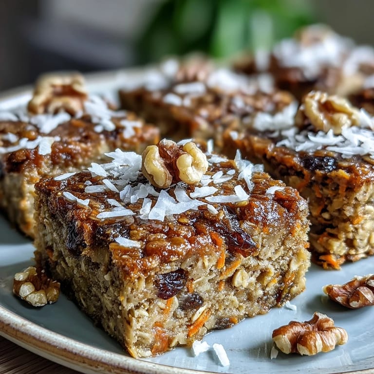 Hearty slice of Carrot Cake Baked Oatmeal, featuring moist, spiced oats with raisins and carrots, perfect for a wholesome breakfast.