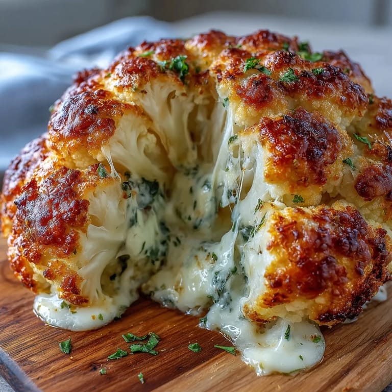 Close-up view of the bubbling, golden-brown topping on a whole Cheesy Stuffed Cauliflower Head, revealing its creamy interior.  
