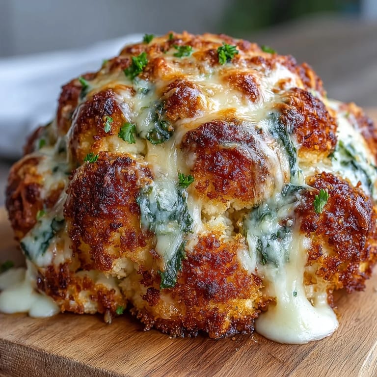 A plated slice of Cheesy Stuffed Cauliflower Head, showcasing the rich, cheesy filling nestled within tender cauliflower florets.