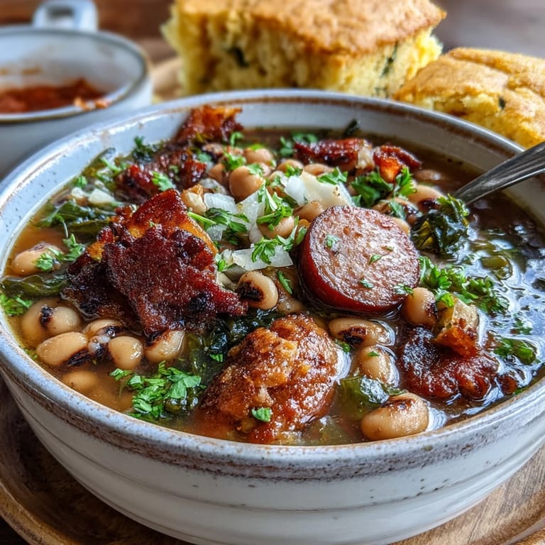 Close-up of tender Southern-Style Black-Eyed Peas with diced bacon and sausage in a flavorful, rustic pot.