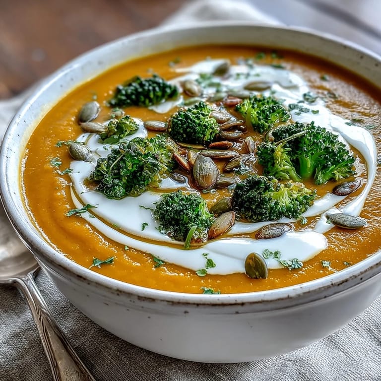 Roasted Broccoli and Butternut Squash Soup served warm with a coconut milk drizzle.