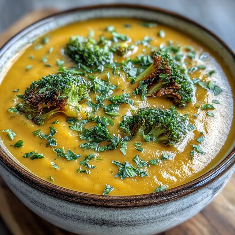 Golden-orange Butternut Squash Broccoli Cheddar Soup served hot in a ceramic mug with crusty gluten-free bread for dipping.
