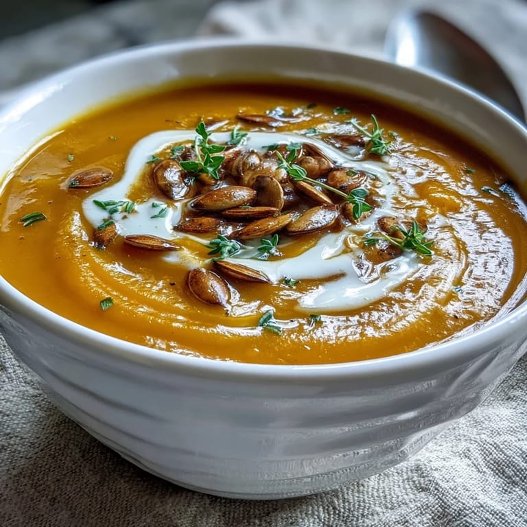 Homemade Butternut Squash and Apple Soup in a rustic pot with thyme garnish.