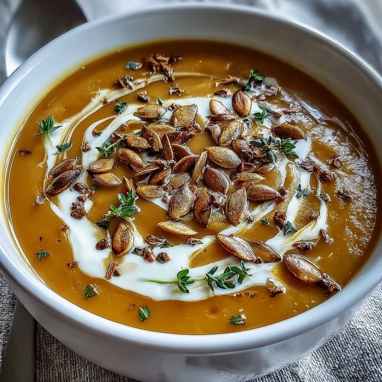 Butternut Squash and Apple Soup served steaming hot with toasted pumpkin seeds.