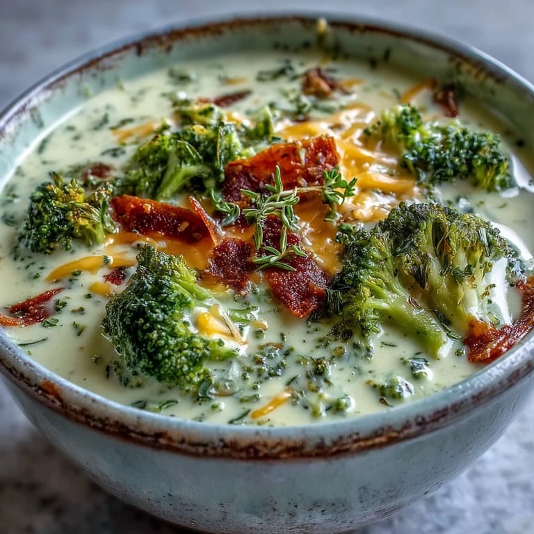 Spoon dipping into creamy Roasted Broccoli Cheddar Soup, with tender roasted broccoli, carrots, and fresh thyme garnish.