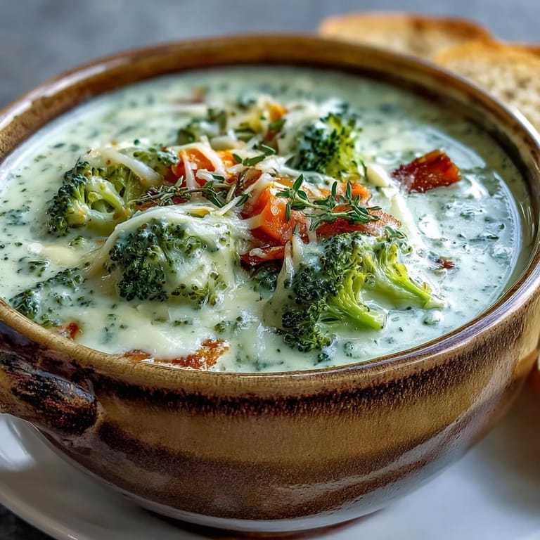 Roasted Broccoli Cheddar Soup served hot, featuring golden roasted broccoli florets and sharp cheddar in a creamy bowl.
