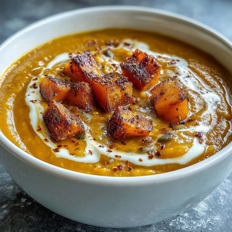 A velvety orange bowl of butternut squash and lentil soup with warm spices, served alongside crusty bread for dipping.