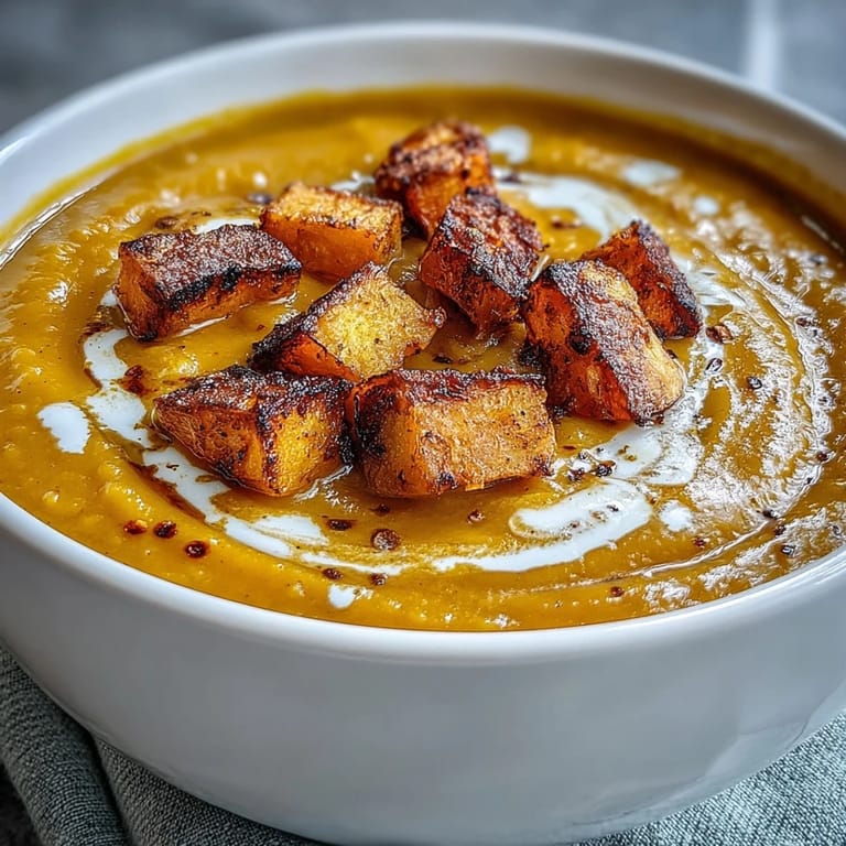 Close-up of creamy butternut squash and lentil soup, highlighting vibrant roasted squash cubes and a rich, golden texture.