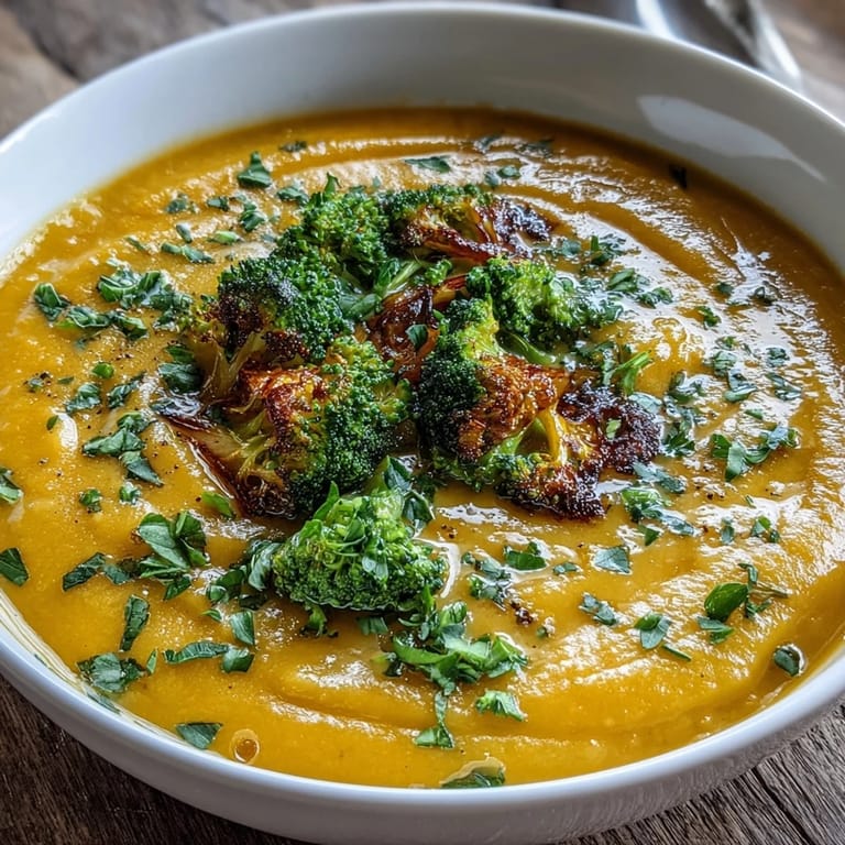 Roasted butternut squash and broccoli florets blended into a velvety, orange cheddar soup, perfect for a cozy vegetarian dinner.