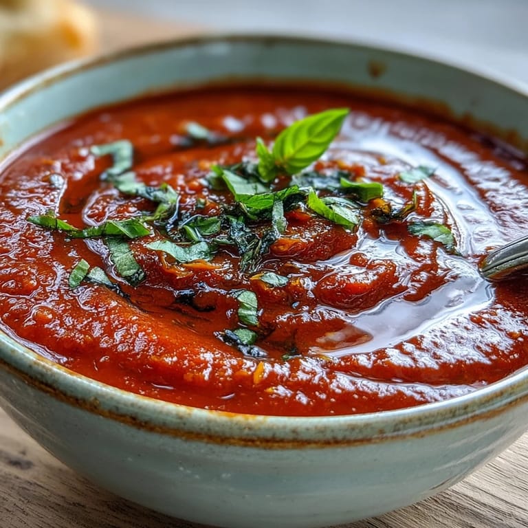 Deeply caramelized roasted tomato basil soup blended until smooth, steaming in a ceramic bowl.