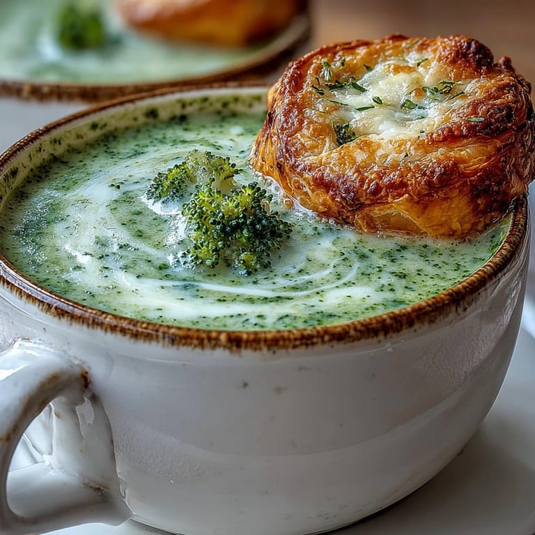 Rustic bowl of creamy broccoli and butternut squash soup topped with a golden brie and cheddar pastry, steam rising.