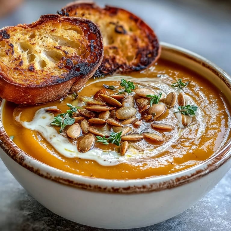 A warm bowl of Easy Roasted Butternut Squash Soup garnished with thyme and pumpkin seeds.