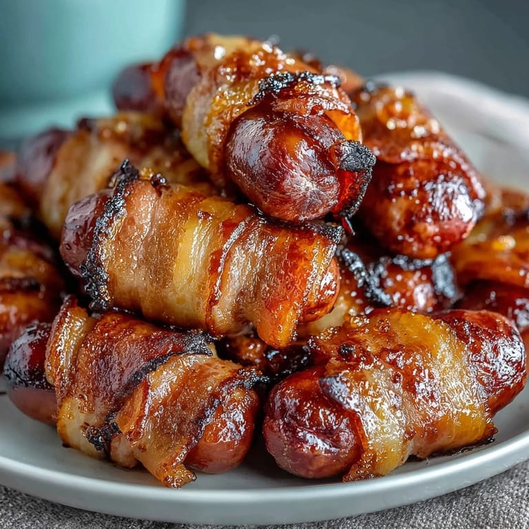 Golden, sticky bacon-wrapped smokies served warm as a party appetizer.