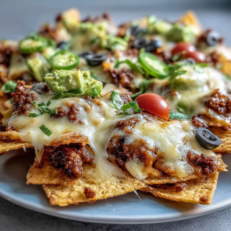 Sizzling freshly baked Baked Nachos on a platter, loaded with beef, cheese, black beans, and a drizzle of cool sour cream.