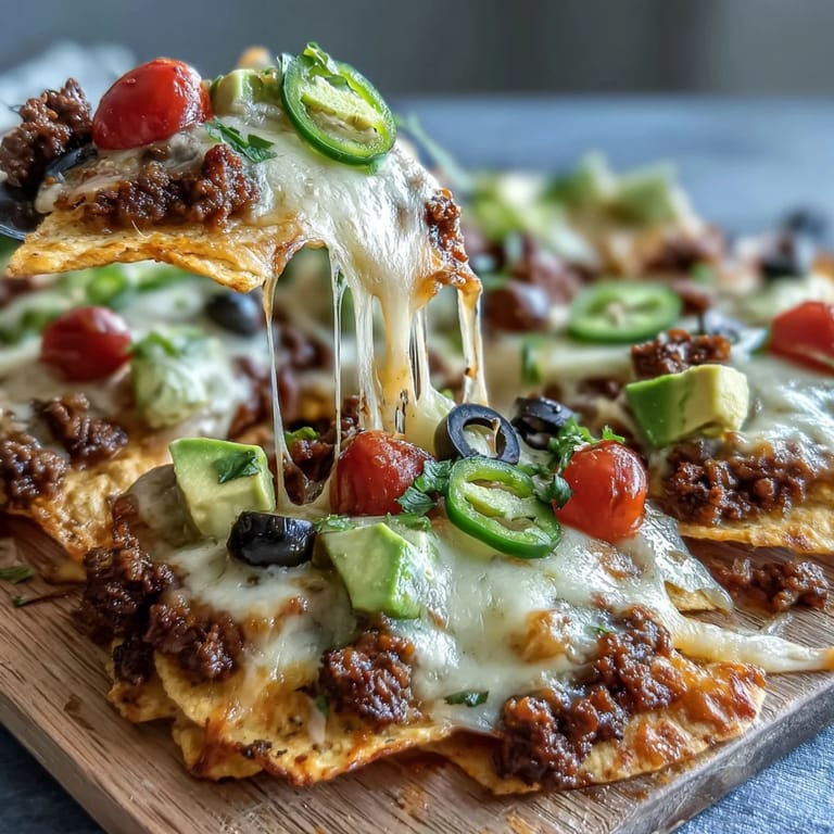 Colorful serving of Baked Nachos topped with tomatoes and cilantro, ready for a Tex-Mex appetizer or game-day feast.