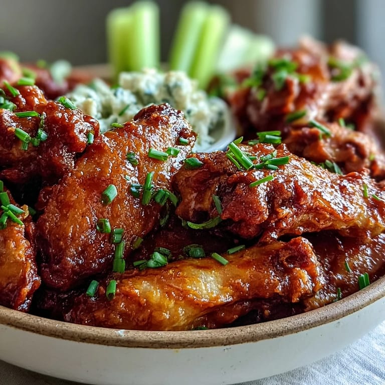 A platter of restaurant-style Fried Chicken Wings tossed in sweet chili and served with celery sticks and ranch.