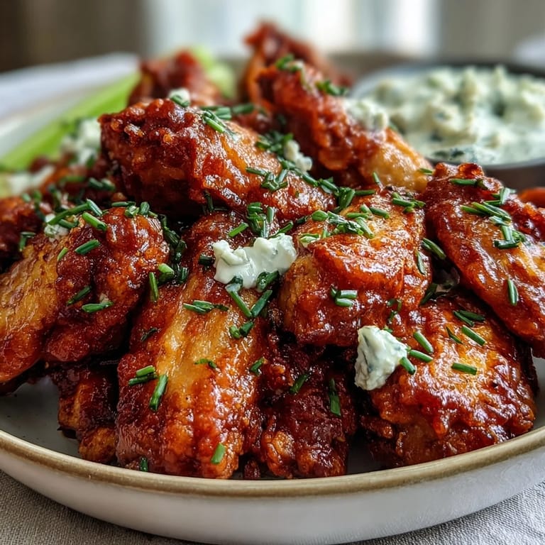 Freshly fried chicken wings with golden crust, dipped in tangy BBQ sauce, paired with blue cheese dressing.