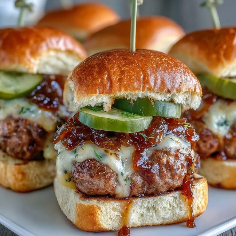 Close-up of a plated Touchdown Brat Slider with pickles and bratwurst patty ready for game day.
