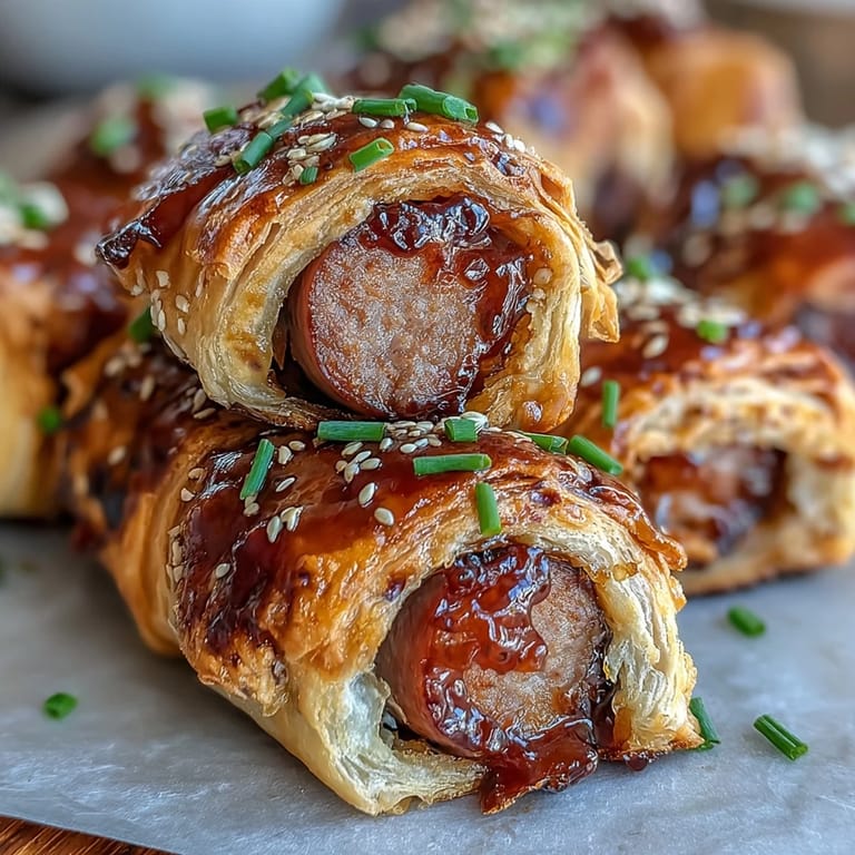 Freshly baked Pepper Jelly Hogs in a Blanket sit on a cooling rack, garnished with chives and sesame seeds.
