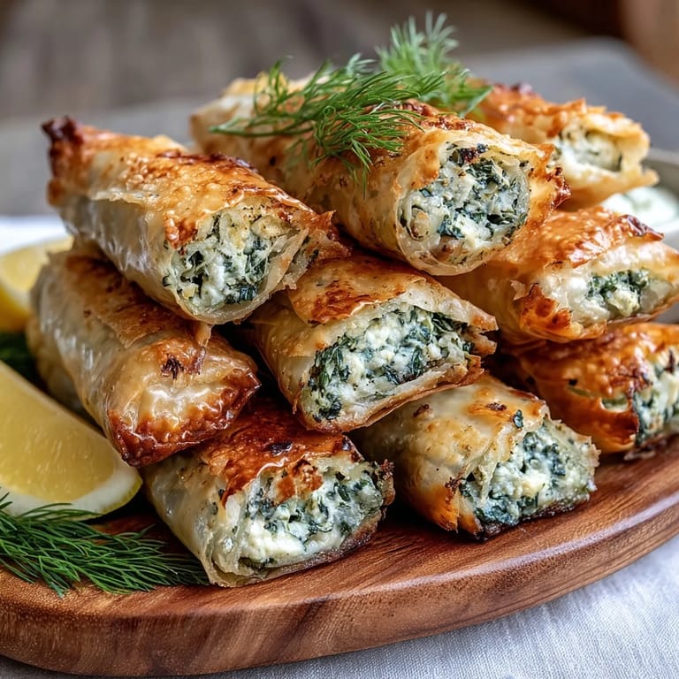 Fried Spanakopita Spring Rolls arranged on a plate, served with a small bowl of yogurt-dill dip.