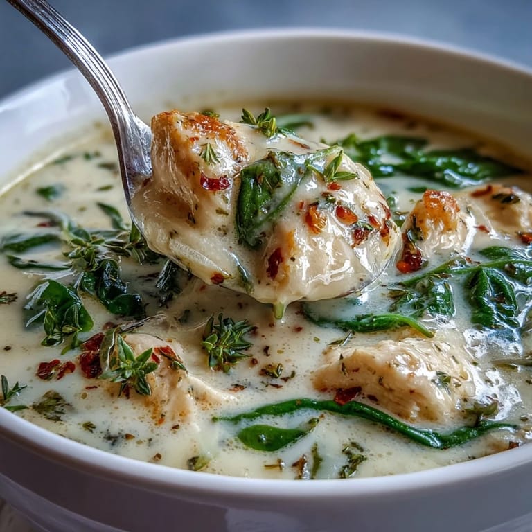 Velvety Garlic Parmesan Chicken Soup with tender chicken pieces and a sprinkle of fresh parsley for a cozy dinner.