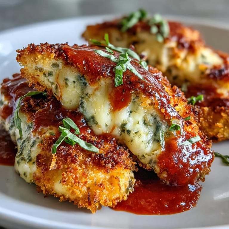 Savory Pesto Chicken Parmesan bubbling with cheese, served alongside pasta and garlic bread for a complete meal.