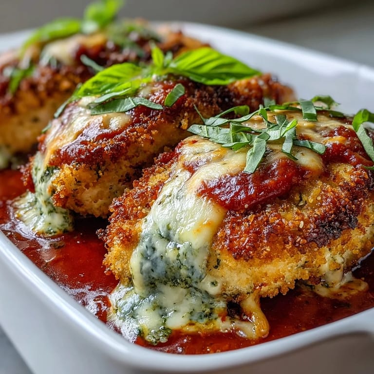 Fresh basil garnish crowns this easy weeknight Pesto Chicken Parmesan, featuring juicy chicken layered with pesto and marinara.