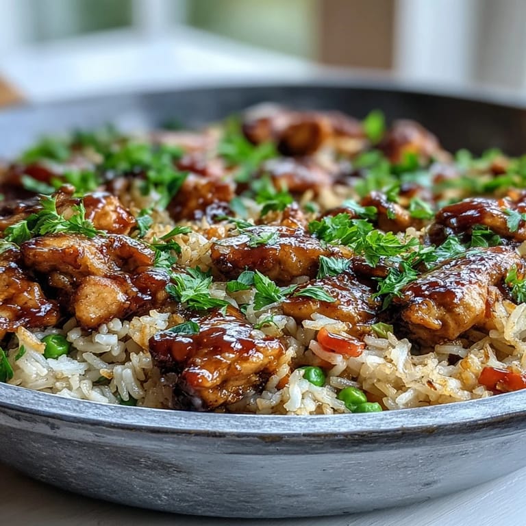 A hearty serving of One-Pan Bold Honey BBQ Chicken Rice topped with steamed mixed vegetables, ready for a family dinner.
