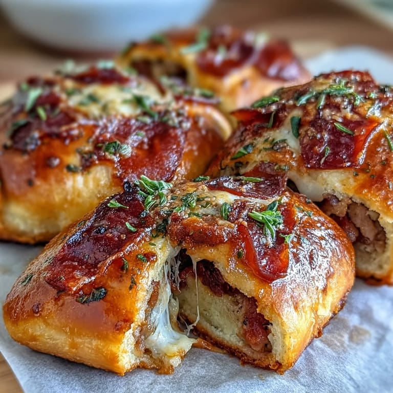 Stuffed Irresistible High Protein Pepperoni Pizza Rolls served with a small bowl of warm marinara dipping sauce for a quick, satisfying snack or lunch.