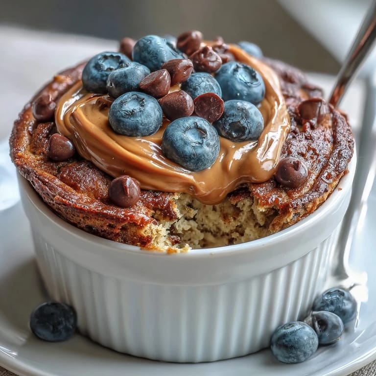 Fluffy single-serve breakfast bowl with fresh berries and chocolate chips on a rustic wooden table.