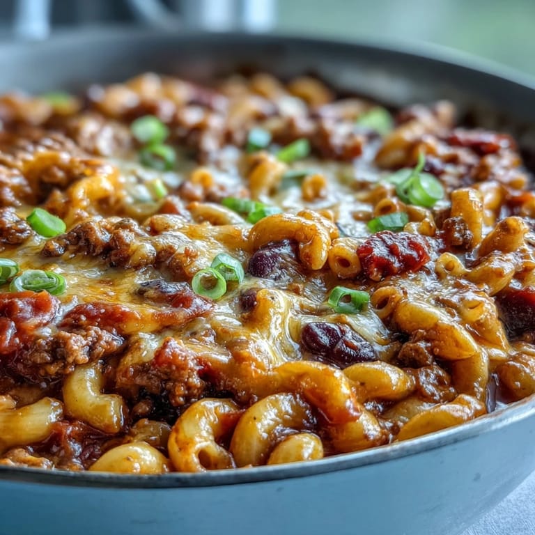 Spoon lifting a bite of One-Pan High Protein Chili Mac, packed with ground beef, beans, and gooey cheese.