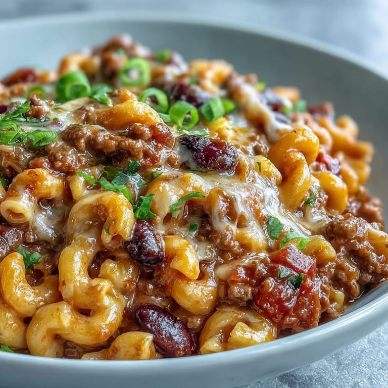 Weeknight dinner serving of One-Pan High Protein Chili Mac with sour cream and crushed tortilla chips.