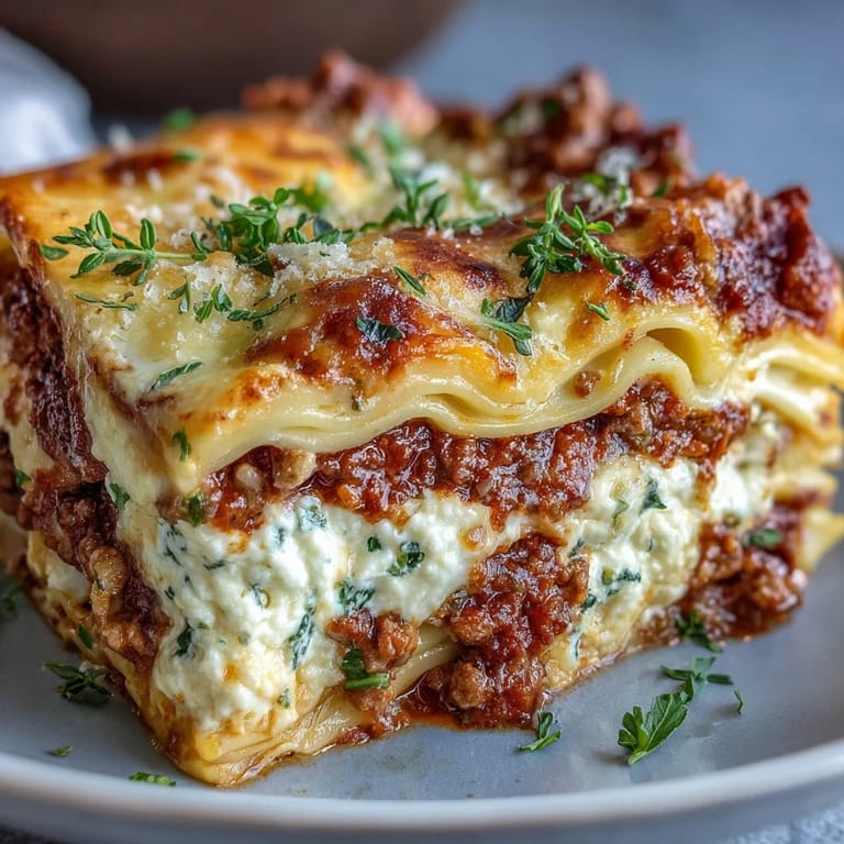 A freshly baked Worlds Best Lasagna showcases golden cheese topping with a rich, hearty meat sauce.