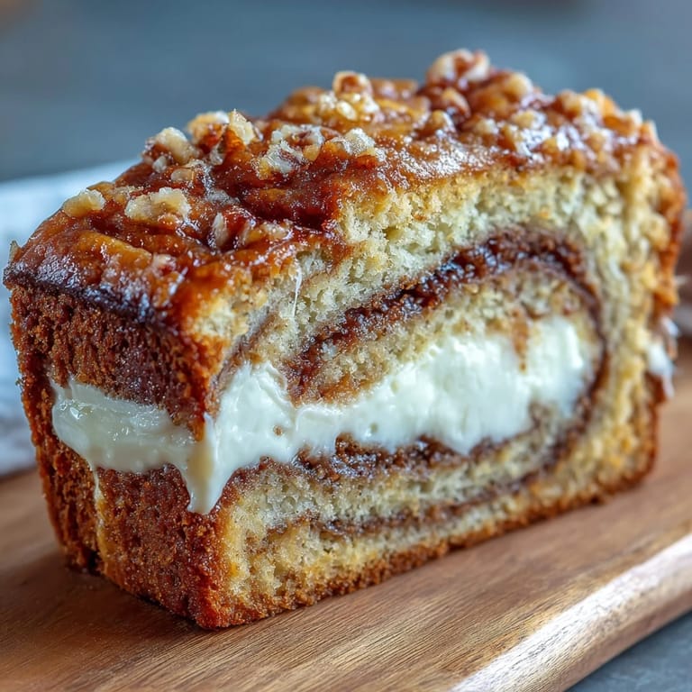 Golden brown Cream Cheese Cinnamon Swirl Banana Bread loaf with cinnamon sugar topping, ready to serve as a sweet dessert or snack.