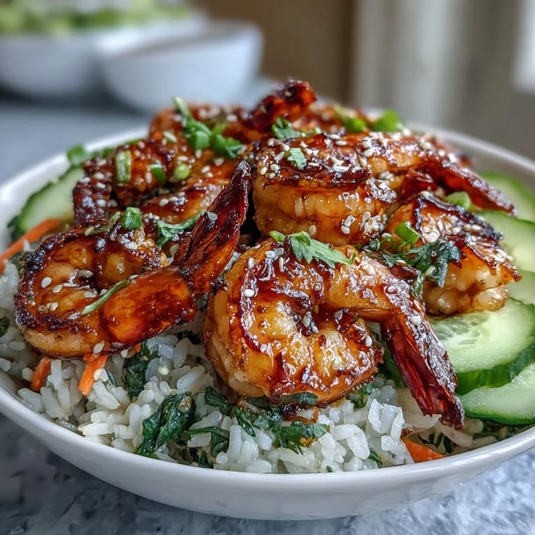 Close-up of an Asian Shrimp Bowl with warm grilled shrimp, colorful veggies, and a glossy ginger-sesame glaze, ready to serve as a light and satisfying meal.