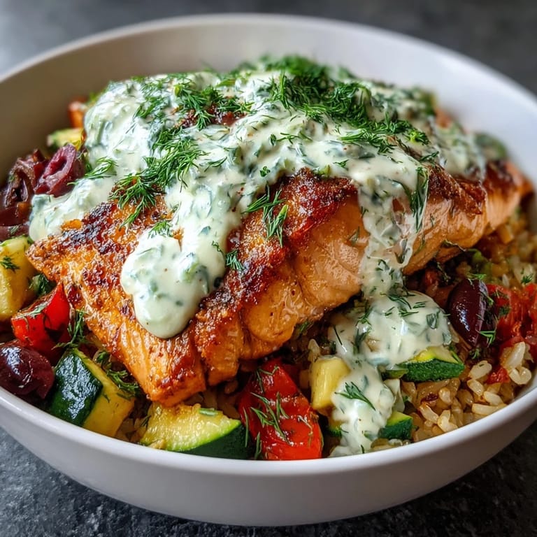 A vibrant Crispy Rice Salmon Bowl with Mediterranean vegetables and a creamy lemon-yogurt drizzle on a rustic table.