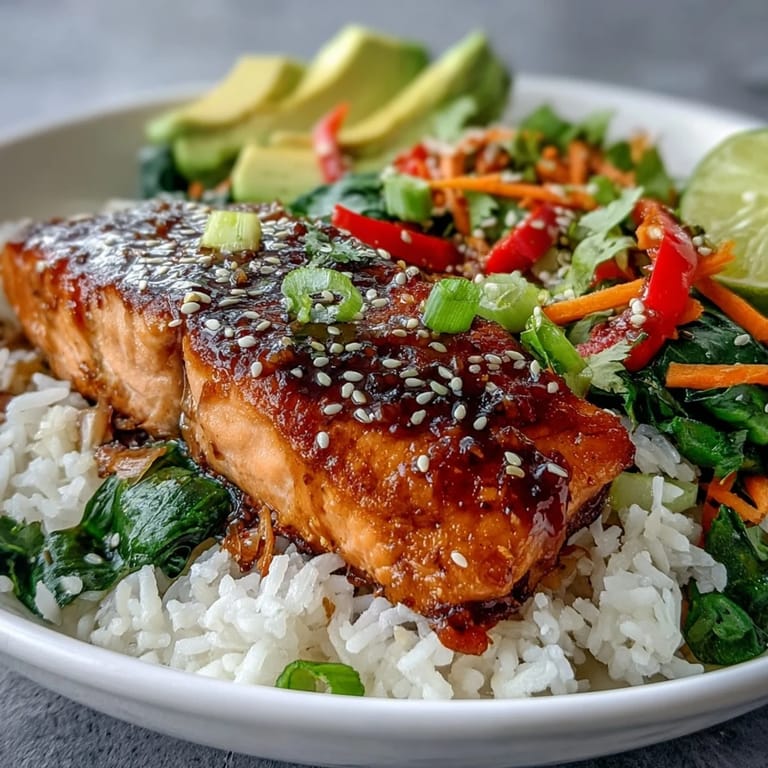 Close-up of glazed soy ginger salmon with crisp bok choy and shredded carrots, drizzled with reserved marinade.