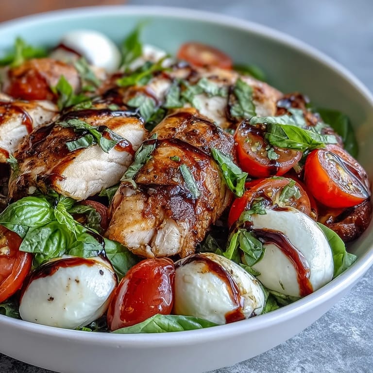 A vibrant Caprese Chicken Bowl features juicy grilled chicken, creamy mozzarella, and ripe tomatoes.