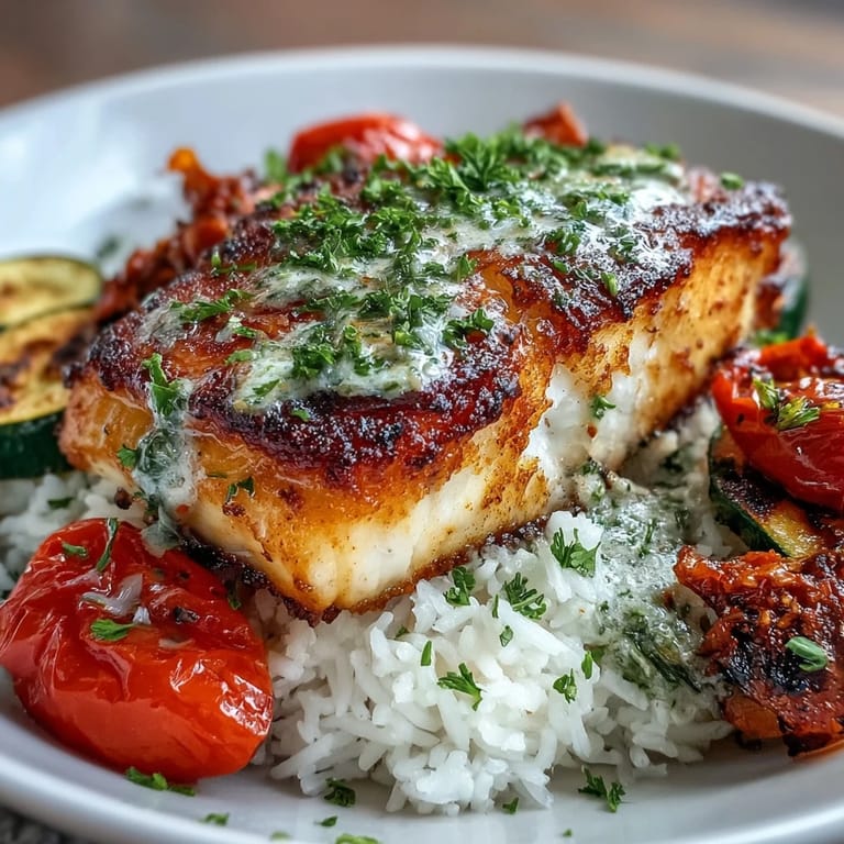 A close-up showcases flaky white fish with crisp edges, juicy cherry tomatoes, and fresh parsley garnish on a wholesome rice bowl.