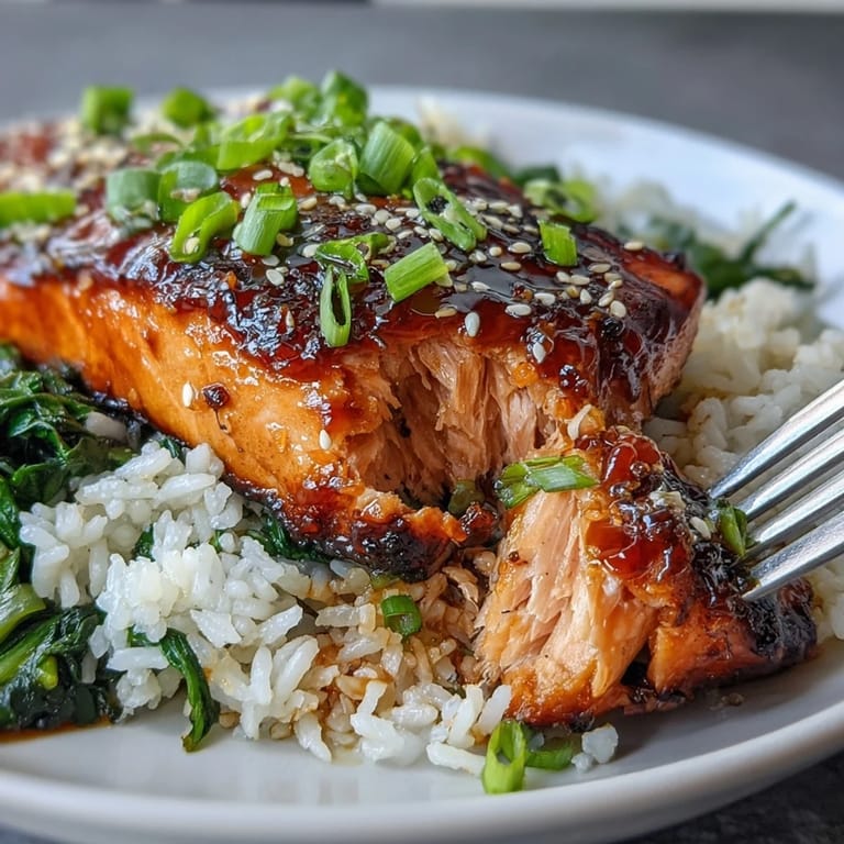 A close-up side angle of the Miso Glazed Salmon Bowl, highlighting the tender flaky fish, sesame seeds, and lime wedges. 