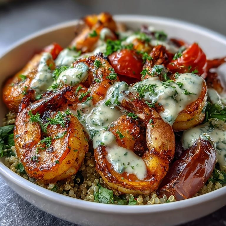 Serving Mediterranean Shrimp Bowl with spinach, red onion, parsley, and bright lemon wedges.