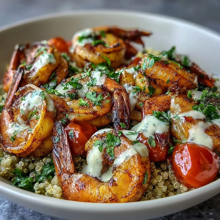 Fresh Mediterranean Shrimp Bowl topped with succulent shrimp and creamy tahini sauce drizzle.